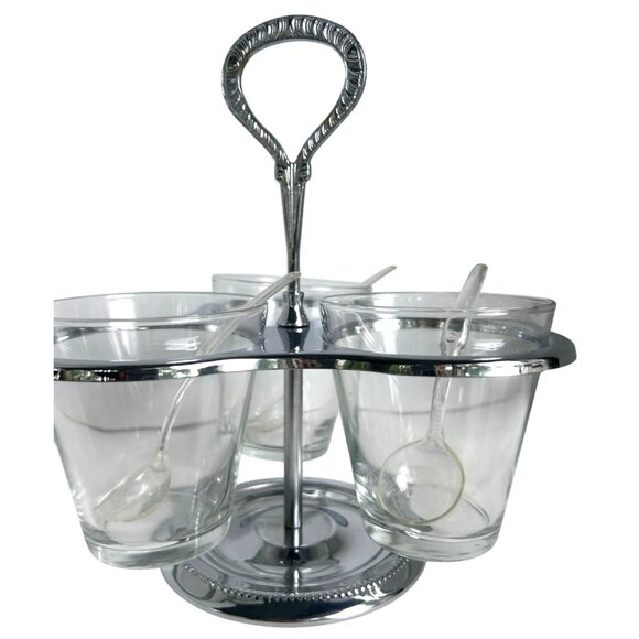 MCM Irvinware Chrome-Plated Glass Condiment Caddy Set W/3 Glass Cups Spoons USA - Picture 2 of 9
